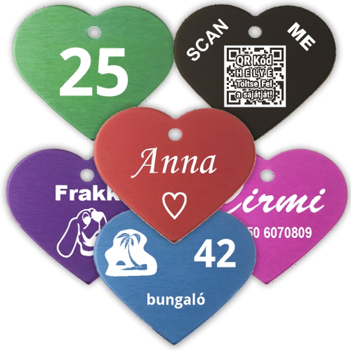 Biléta (szív) eloxált alumínium (nagy) 38 x 32 mm x 1 mm - 1 oldalas lézergravírozással